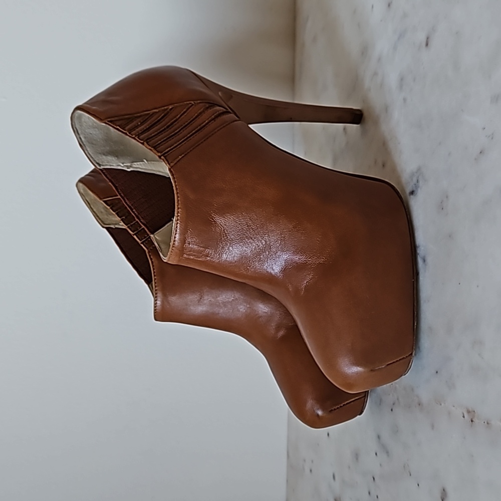 BRIAN ATWOOD: cognac leather platform ankle boots